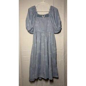 NWT Polagram The Deandra Dress Blue Floral Smocked Square Neck Puff Sleeve Midi